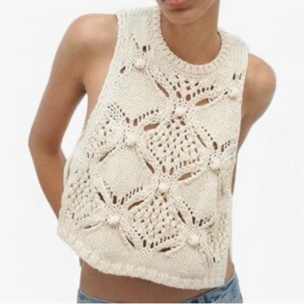 Zara Knit Crochet Sweater Tank Top Cream Open Knit Boho Sleeveless Small